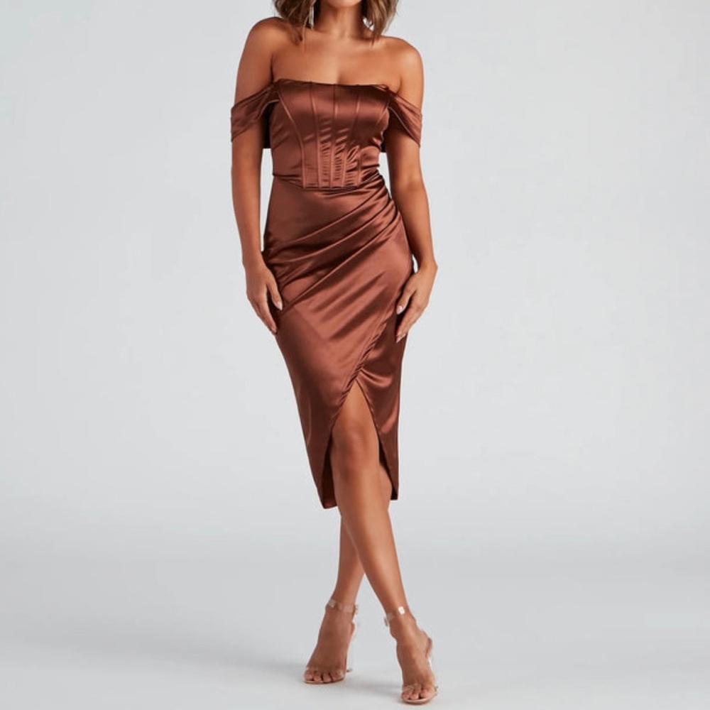 Elegant Brown Off-Shoulder Dress | Windsor